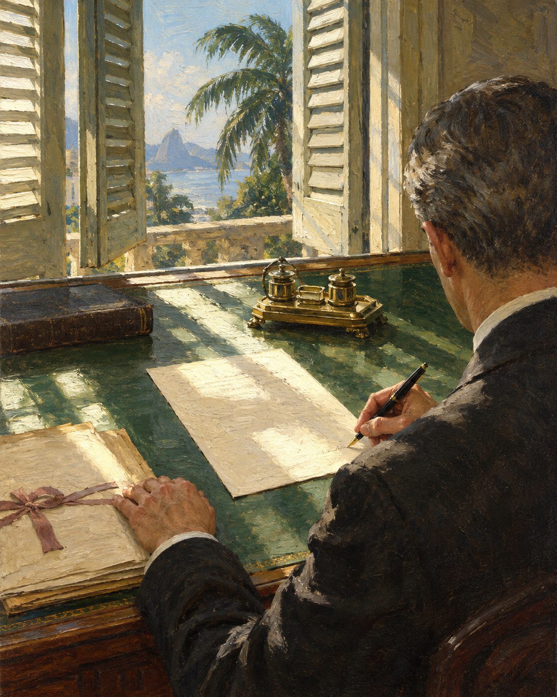 Evocação pintada de 1923, no Rio de Janeiro: o parecer do consultor-geral da República do Brasil contra voltar a pagar o soldo ao santo. Figura genérica, não retrato.