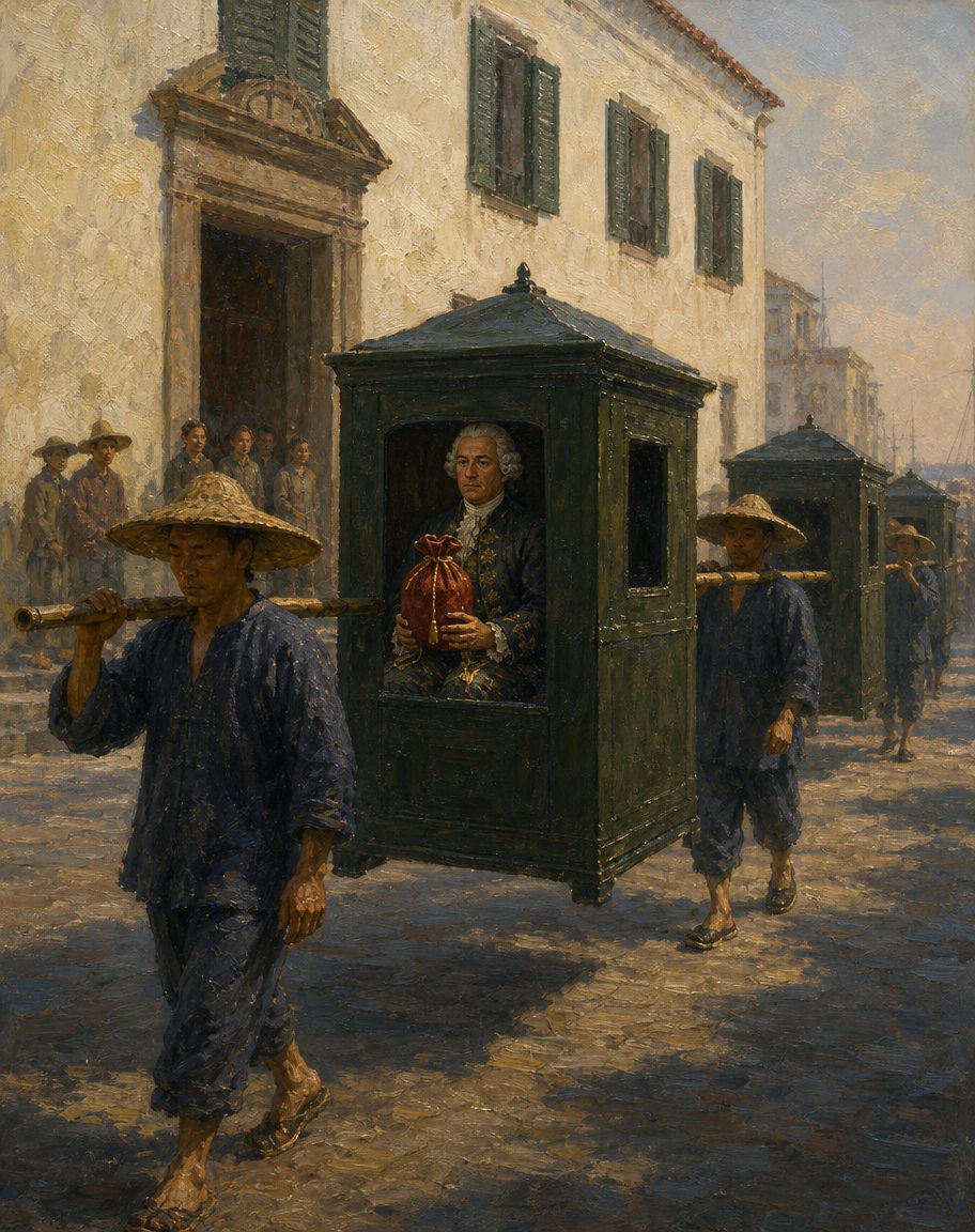 Evocação pintada da manhã de 12 de junho de 1784, em Macau: o vereador mais velho, o escrivão e o tesoureiro do Senado saem da casa da Câmara, cada um na sua cadeira, o tesoureiro com a bolsa do soldo.