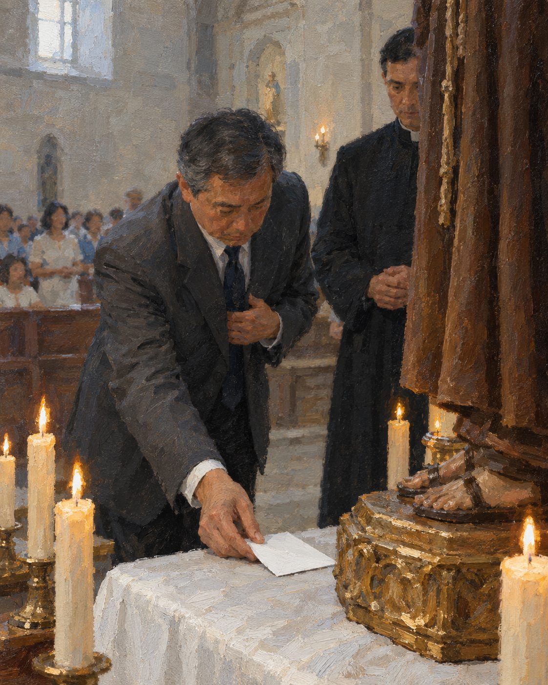 Evocação pintada da festa de Santo António em Macau, em 1999: um envelope em vez da bolsa. Foi o último pagamento.