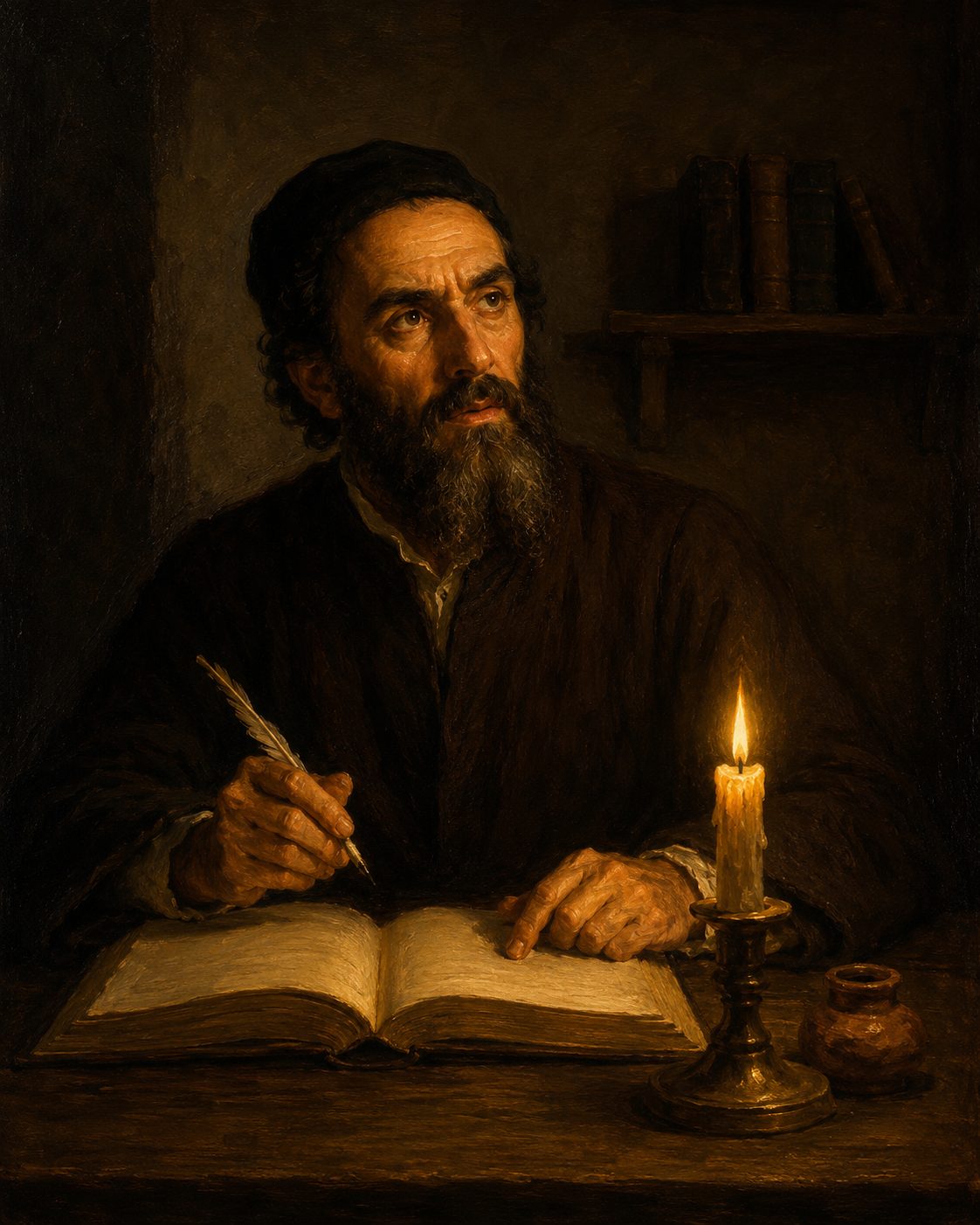 Evocação pintada de Abraão Zacuto, astrónomo judeu de Salamanca, a calcular as tábuas. As posições do Sol, da Lua e dos planetas, calculou-as à mão, a partir das Tábuas Afonsinas; os historiadores José Chabás e Bernard Goldstein refizeram-lhe as contas e concluíram que estão certas. Figura evocada, não retrato.