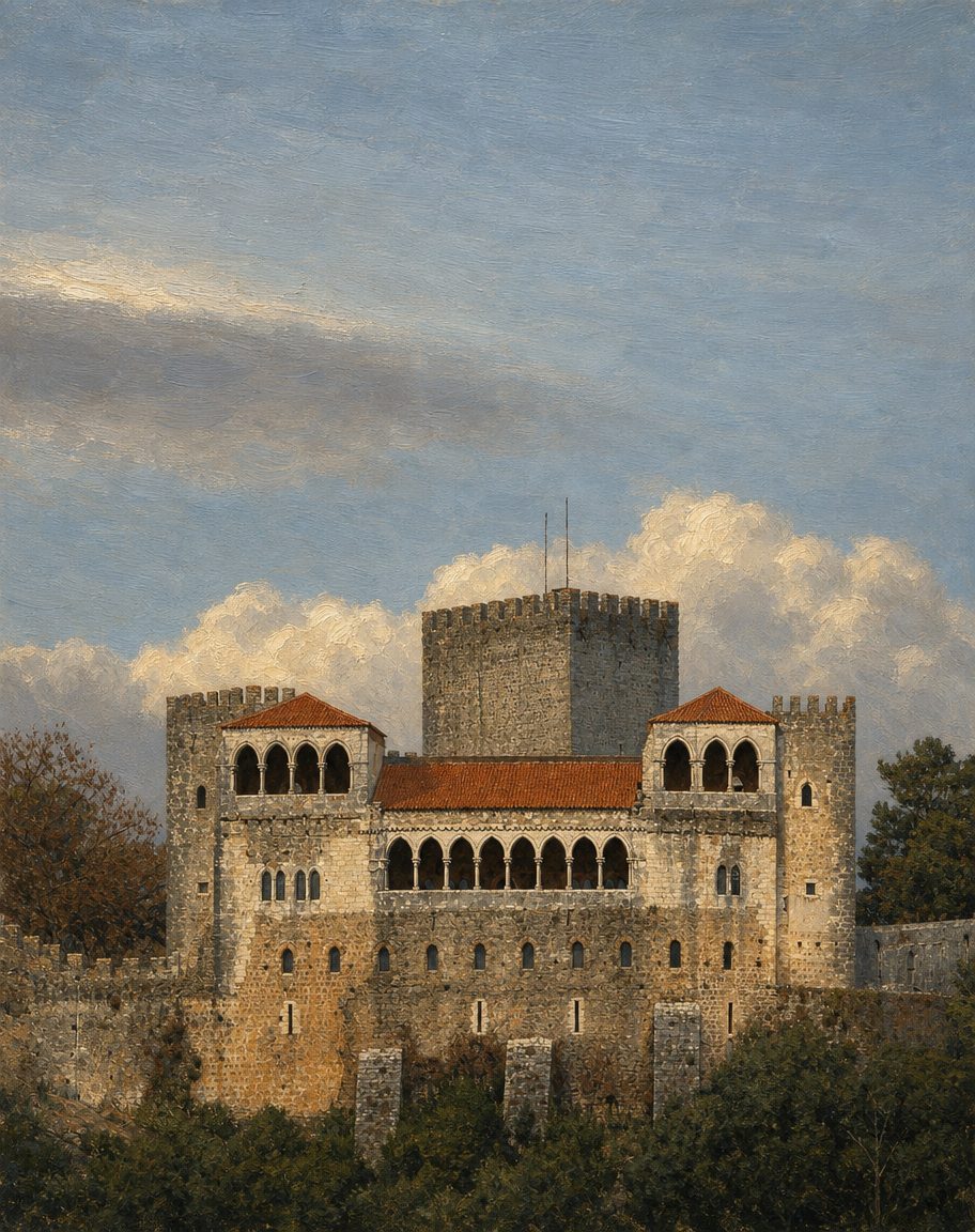 Pintura do castelo de Leiria tal como hoje se vê, sob um céu de fim de inverno, a partir de uma fotografia de Carlos P. Gonçalves (CC BY-SA 4.0, Wikimedia Commons). O cólofon do «Almanach» diz que a impressão se completou «sob o céu de Leiria».