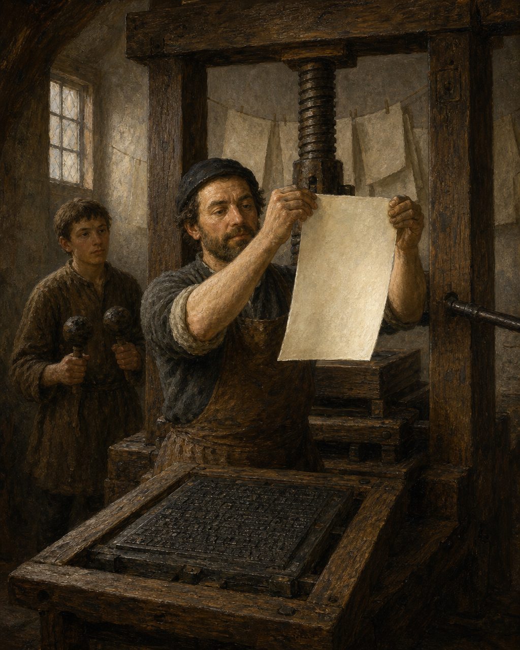 Evocação pintada de uma oficina de impressão do fim do século XV. O «Almanach» saiu em Leiria da oficina de Abraão d'Ortas, que, fora este, só imprimiu livros em hebraico. Figuras genéricas, não retratos.