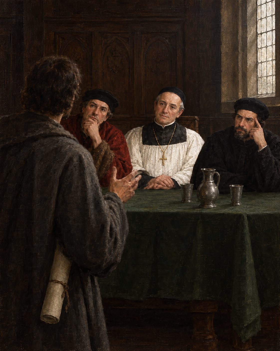 Evocação pintada dos homens que ouviram Cristóvão Colombo na corte de D. João II. Conta João de Barros que o rei o mandou estar com D. Diogo Ortiz, bispo de Ceuta, com mestre Rodrigo e com mestre José, e que todos tiveram as palavras dele por «vaidade», por tudo ser fundado «em imaginações». Colombo está de costas. Figuras genéricas, não retratos.