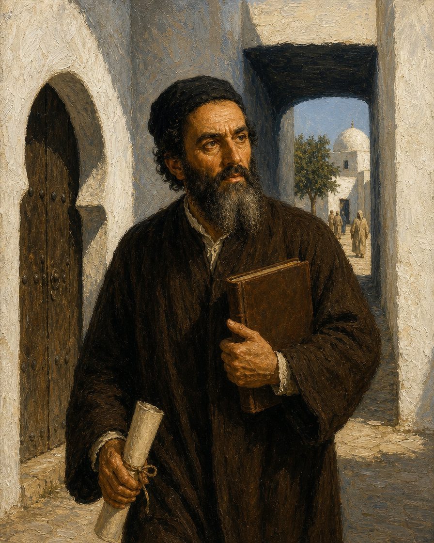 Evocação pintada de Abraão Zacuto em Túnis. Depois do édito de D. Manuel, de dezembro de 1496, saiu do reino; em Túnis adaptou uma das suas obras para o ano de 1501 e, por volta de 1513, fez tábuas novas para Jerusalém. Figura evocada, não retrato.