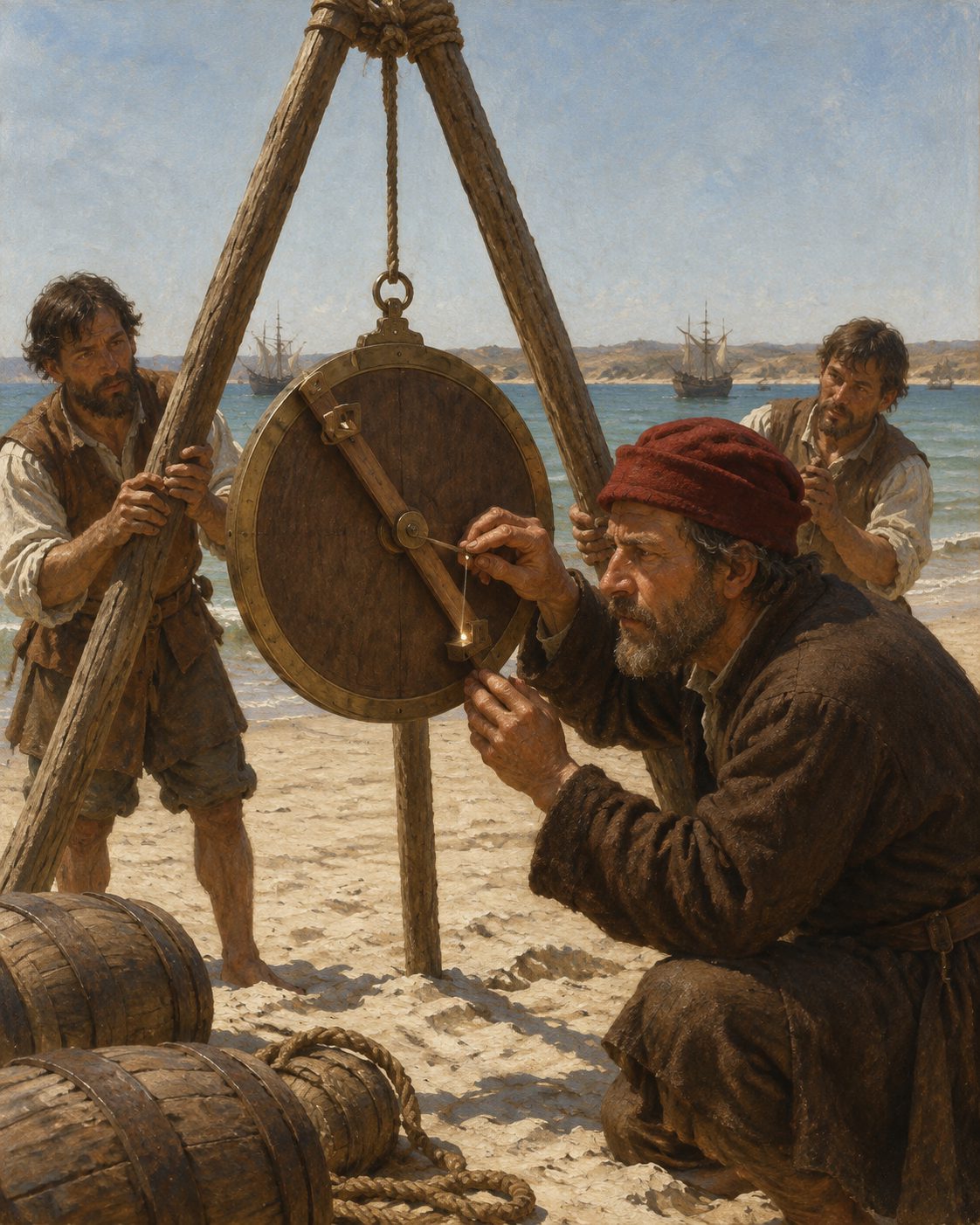 Evocação pintada da baía a que hoje se chama de Santa Helena. Na primeira viagem de Vasco da Gama, em 1497, conta João de Barros, Gama desembarcou ali para fazer aguada e tomar a altura do Sol em terra, porque os navios eram pequenos e balançavam. Usou um astrolábio de pau de três palmos de diâmetro, armado em três paus, à maneira de cábrea. Que tábuas de declinação levavam os pilotos, não se sabe. Figuras genéricas, não retratos.