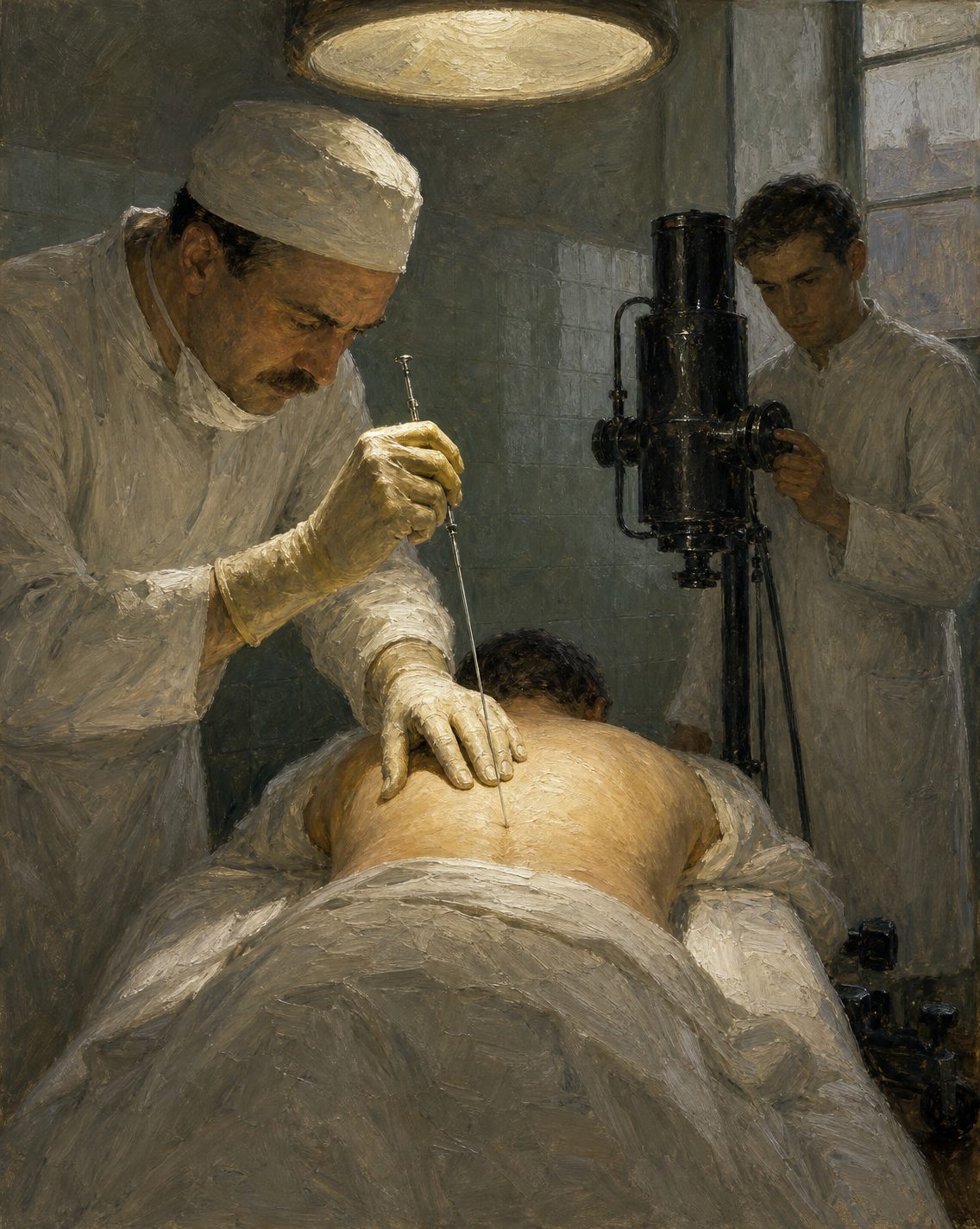 Evocação pintada de uma aortografia translombar num hospital de Lisboa, em 1929 (figuras genéricas, não retratos).