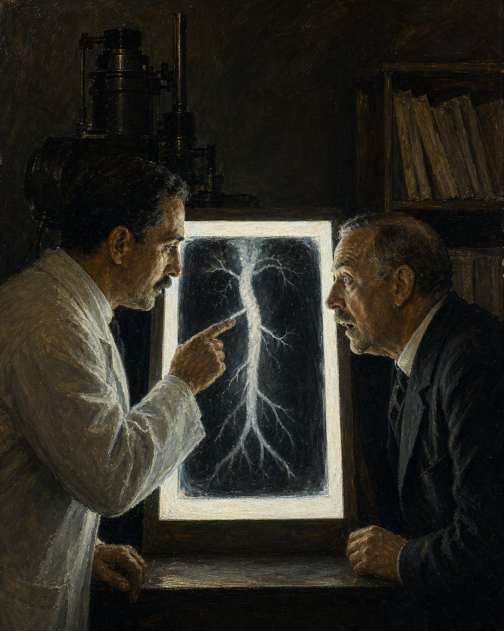 Evocação pintada de dois médicos a olhar para uma chapa de raios X da aorta, em Lisboa, em 1929 (figuras genéricas, não retratos).