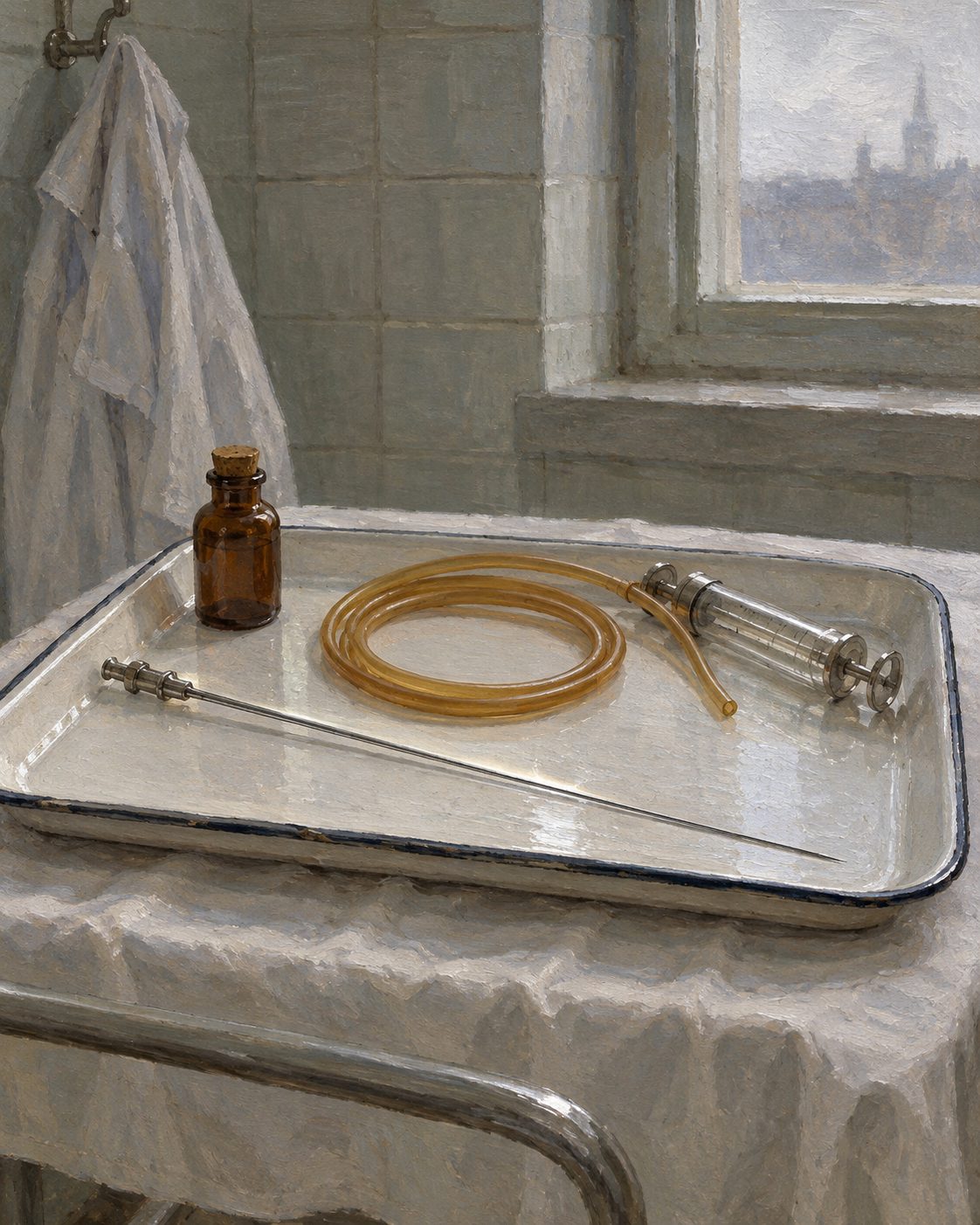 Evocação pintada de uma agulha longa e de um cateter fino sobre um tabuleiro de hospital, na década de 1940 (sem pessoas).