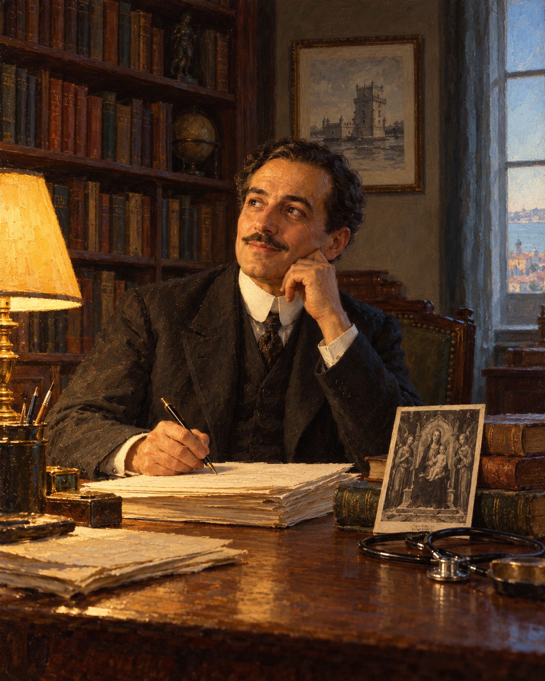 Evocação pintada de um médico e historiador de arte à secretária, em Lisboa, em 1922 (figura genérica, não retrato).