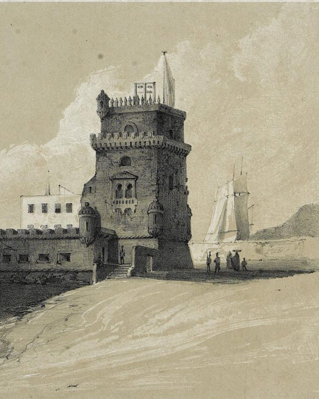 «Tour de Belem», litografia, por volta de 1850. (Biblioteca Nacional de Portugal, domínio público)