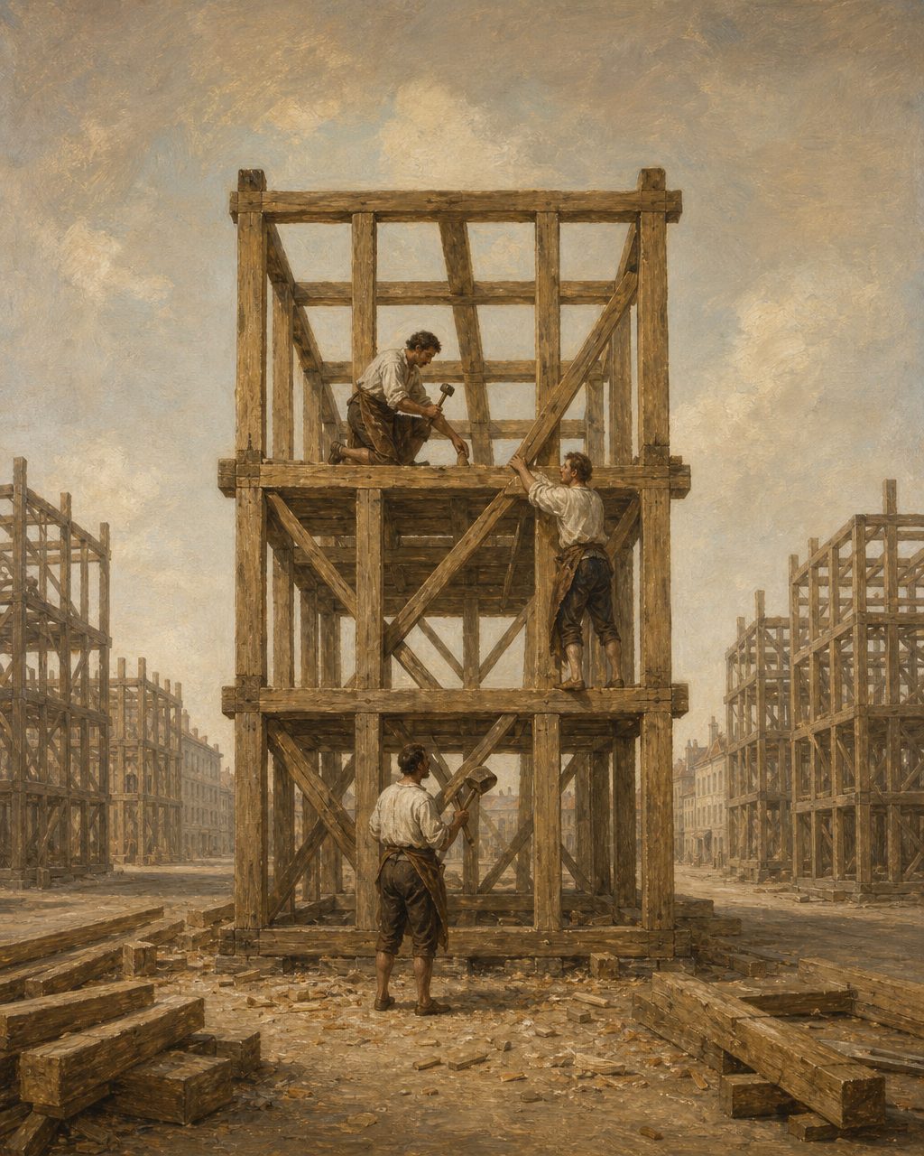 Uma rua nova da Baixa a crescer em esqueleto, depois de 1755: as armações de madeira sobem abertas ao ar antes de as paredes serem cheias e rebocadas, e os carpinteiros trabalham nelas. É esta imagem que está na origem do nome da gaiola. Pintura a óleo.