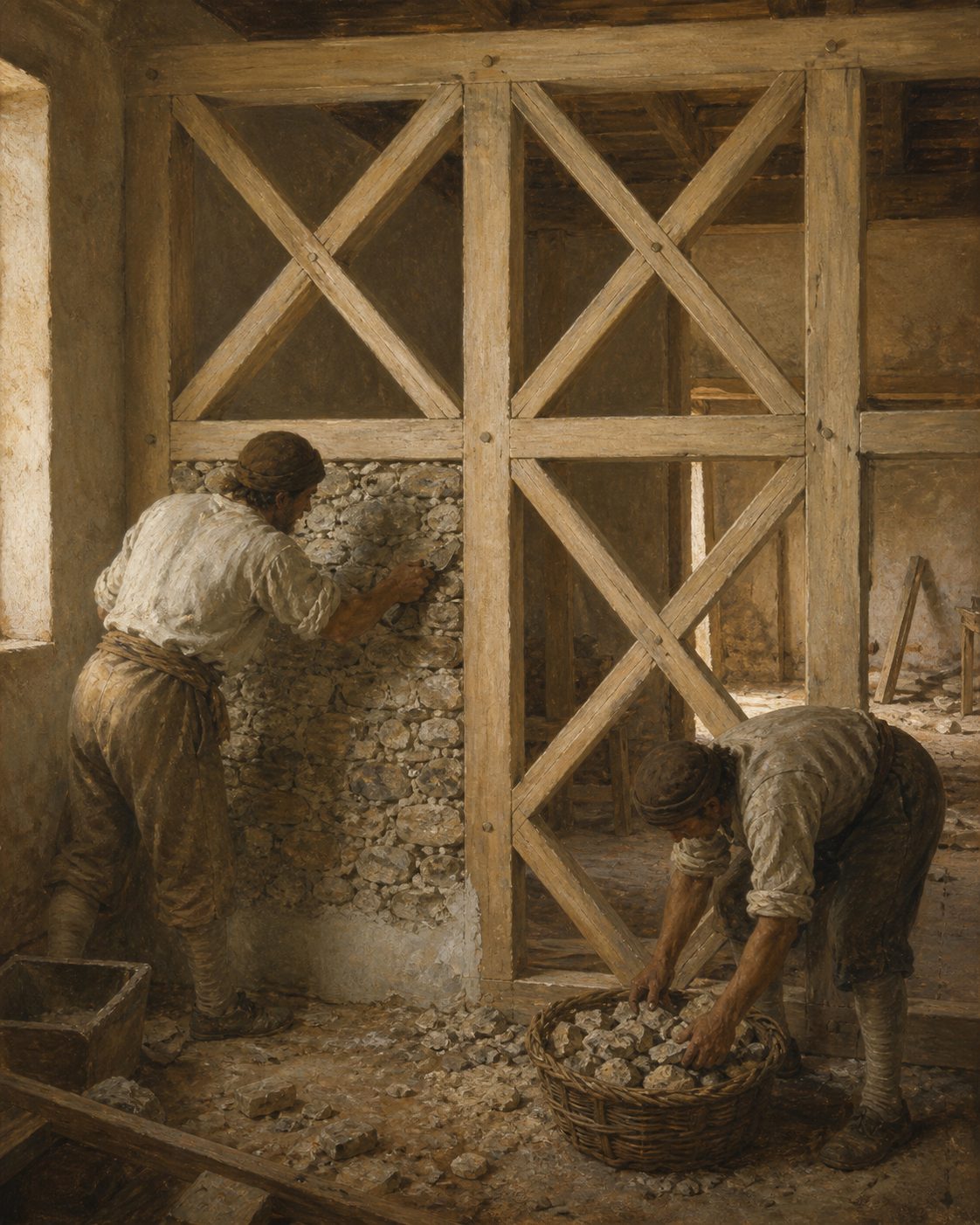 Uma parede de frontal a meio de ser fechada: as barras de madeira formam triângulos travados por cruzes de Santo André, e os pedreiros vão enchendo os vãos com pedra miúda. Depois do reboco, nada disto se vê. Pintura a óleo.