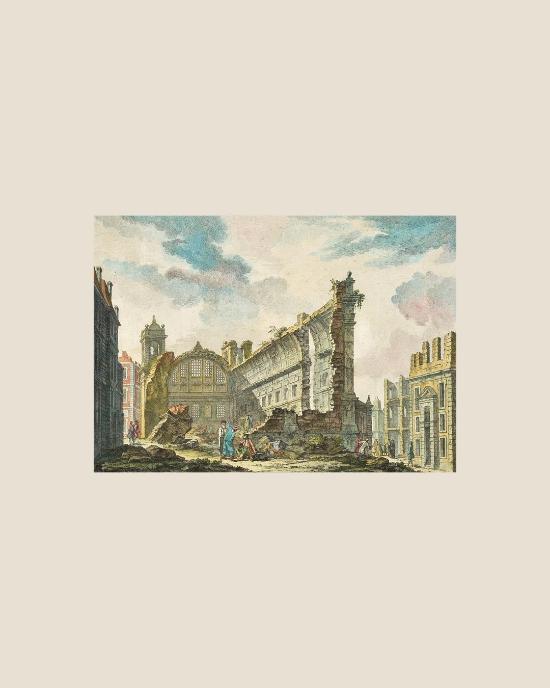 As ruínas da Igreja de São Nicolau depois do terramoto de 1755, gravadas por Jacques-Philippe Le Bas em 1757. Estampa original, em domínio público.