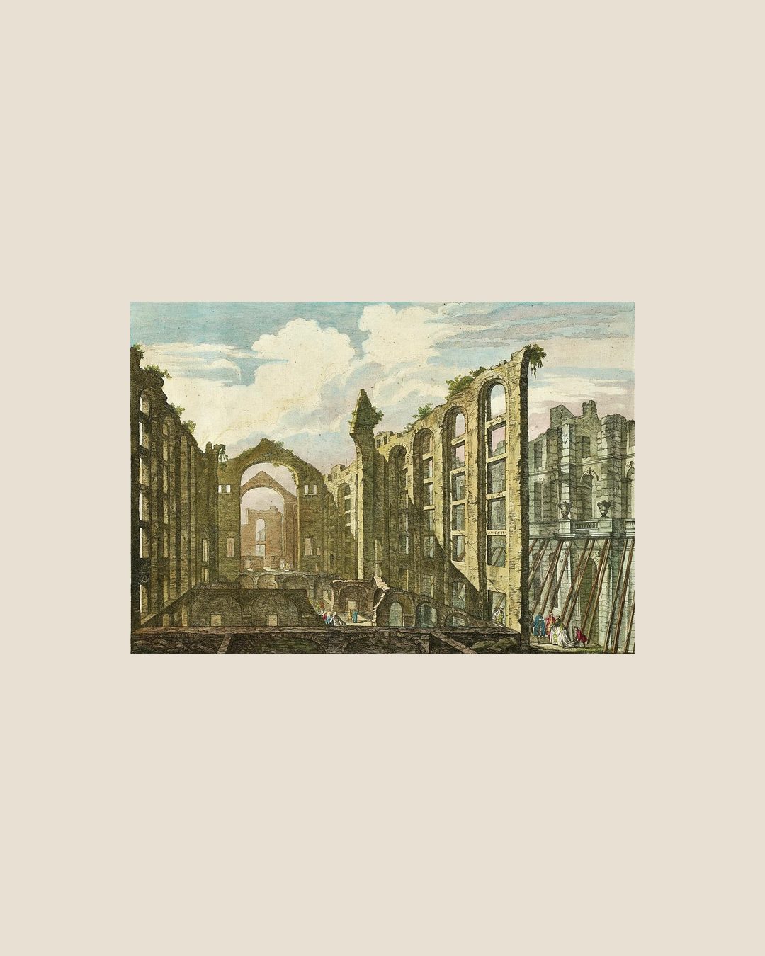 A Ópera do Tejo destruída pelo terramoto de 1755, gravada por Jacques-Philippe Le Bas em 1757. À direita, a parede que ficou de pé está escorada com prumos de madeira. Estampa original, em domínio público.