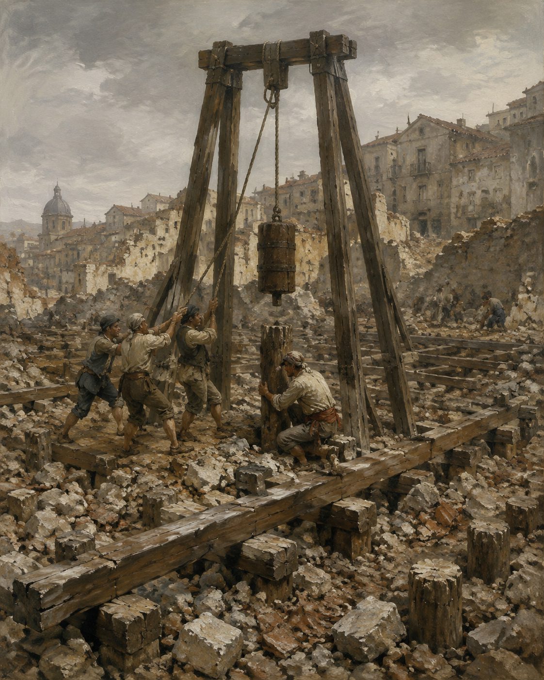 As fundações da Baixa: estacas de madeira cravadas num aterro feito com os escombros da cidade destruída, que elas próprias compactaram, e o engradado de barras que assenta sobre elas. Pintura a óleo.