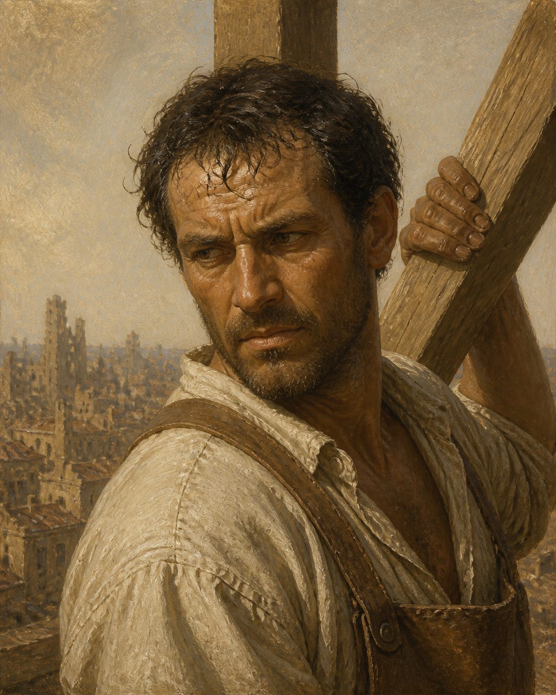 Um carpinteiro com a mão firmada num prumo de madeira, entre as barras de uma armação, e a cidade em ruínas atrás. Figura genérica de época, não é retrato de ninguém em concreto. Pintura a óleo.