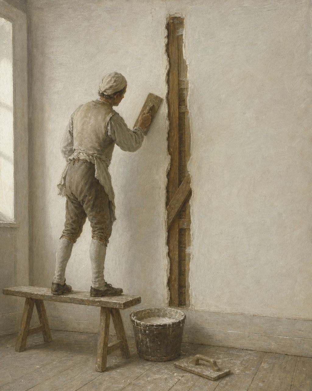 O estucador fecha a última nesga de parede por onde ainda se via a madeira. A partir daqui, a gaiola fica dentro da parede e não torna a ver-se. Pintura a óleo.