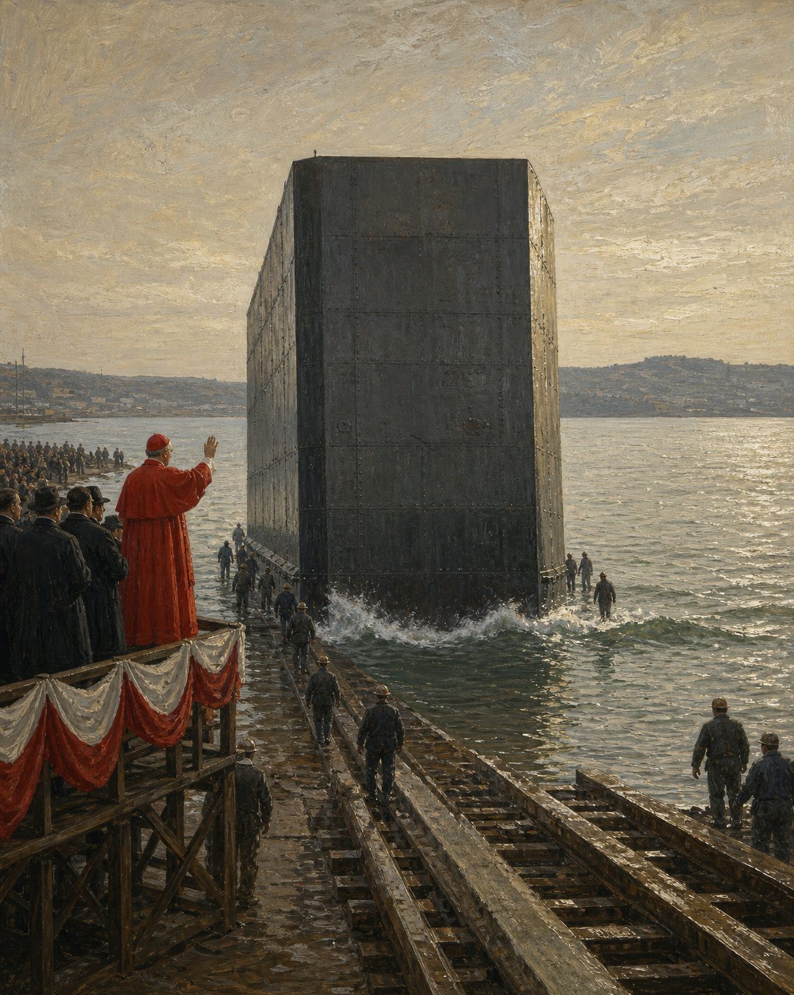 Evocação pintada do lançamento de uma secção flutuante de aço na praia de Algés, em janeiro de 1963 (figuras genéricas, não retratos).