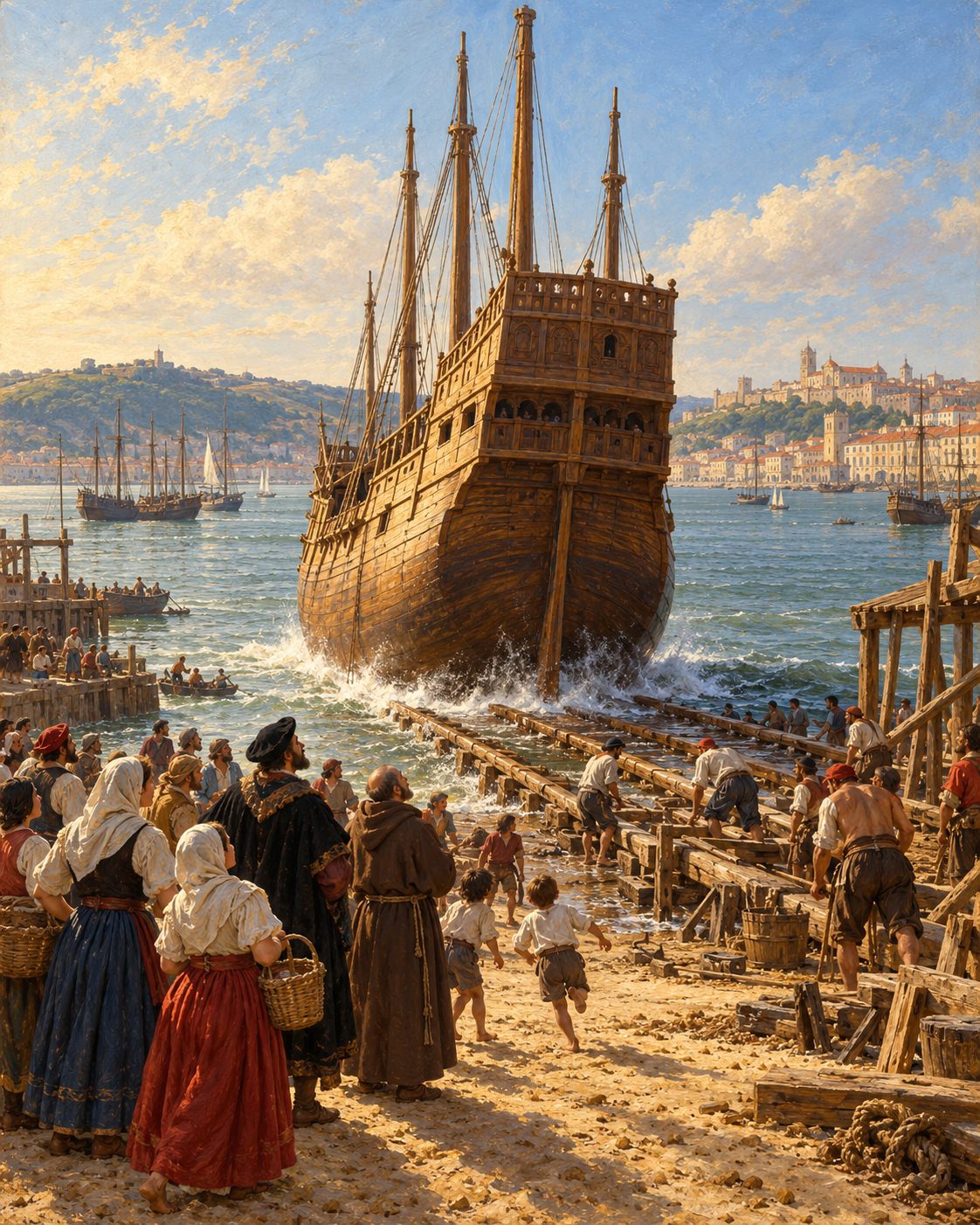 Evocação pintada do lançamento de uma nau numa praia do Tejo, no século XVI (figuras genéricas).