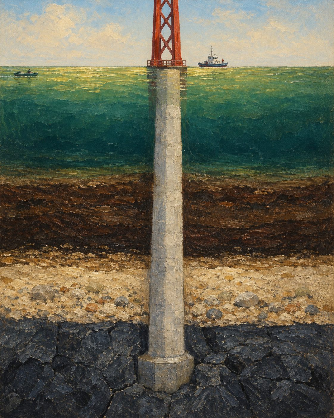 Evocação pintada, em corte, de um pilar de ponte assente na rocha de basalto, sob a água, o lodo e as areias do leito do rio (esquema, sem escala).