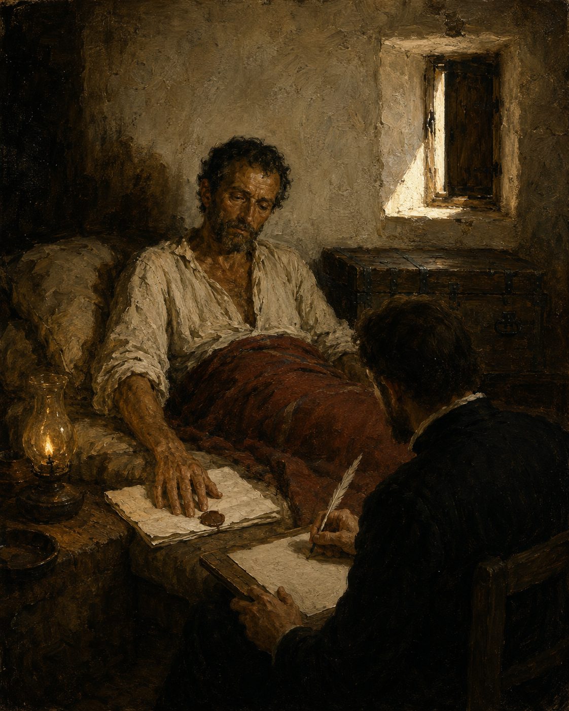 Pintura evocando um português a morrer numa fortaleza do Golfo, ao fim do século XVI, com o que deixa a ter de chegar a uma casa em Portugal. Figura genérica, não retrato.