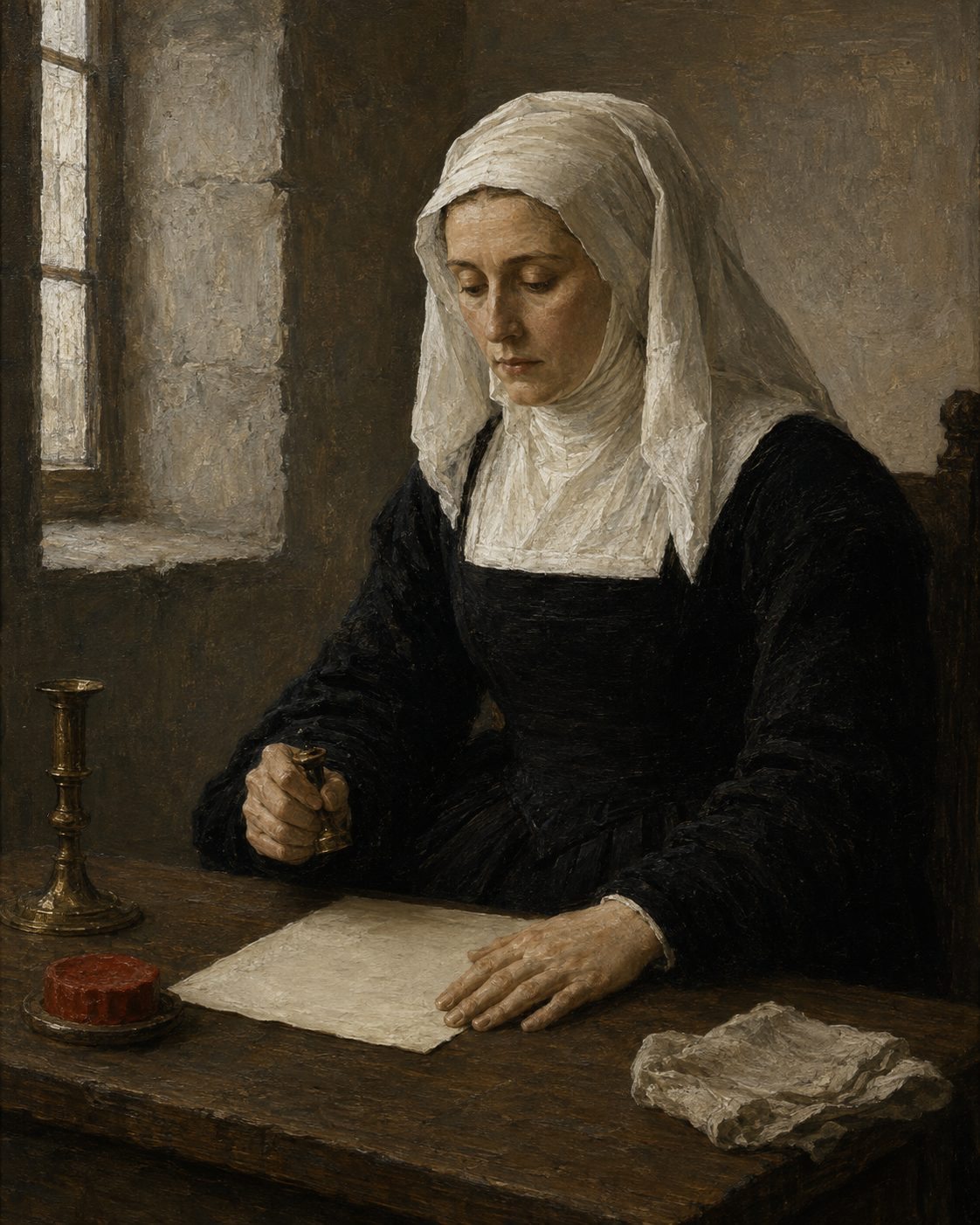 Evocação pintada de D. Leonor a outorgar os primeiros privilégios à confraria, em agosto de 1498, enquanto governava o reino na ausência do irmão. Figura evocada, não retrato.