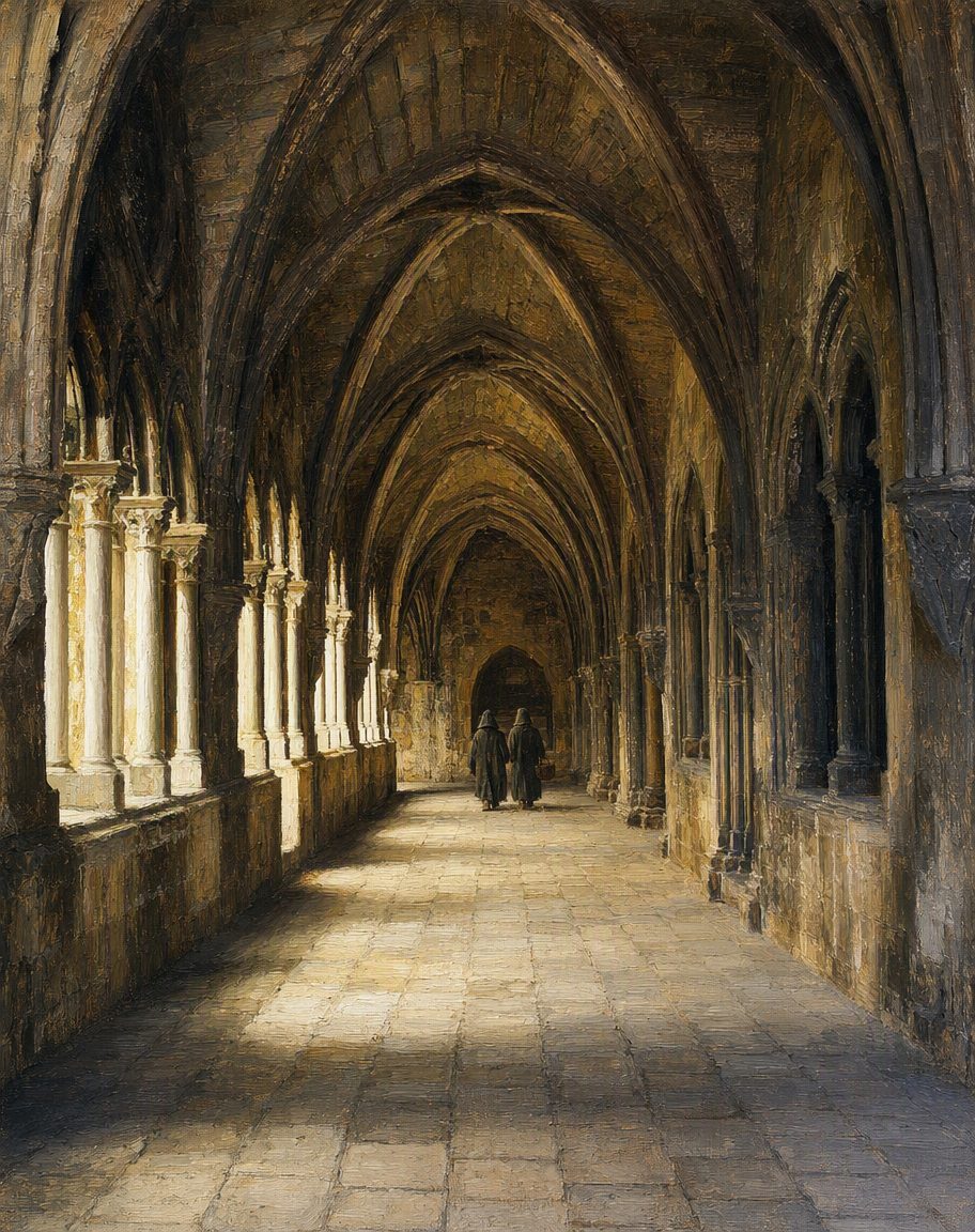 Claustro da Sé de Lisboa, onde ficava a capela da Piedade a que chamavam a Terra Solta, e de onde os irmãos partiam para a cidade. Pintura a partir de uma fotografia real de Ken & Nyetta (CC BY 2.0).