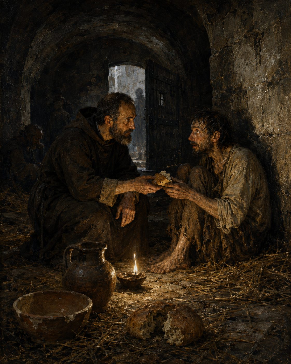 Pintura evocando um irmão leigo da Misericórdia a dar de comer a um preso que esperava sentença. Pelos privilégios de 1498, os irmãos podiam entrar nas cadeias, alimentar os presos e mandar tratá-los.