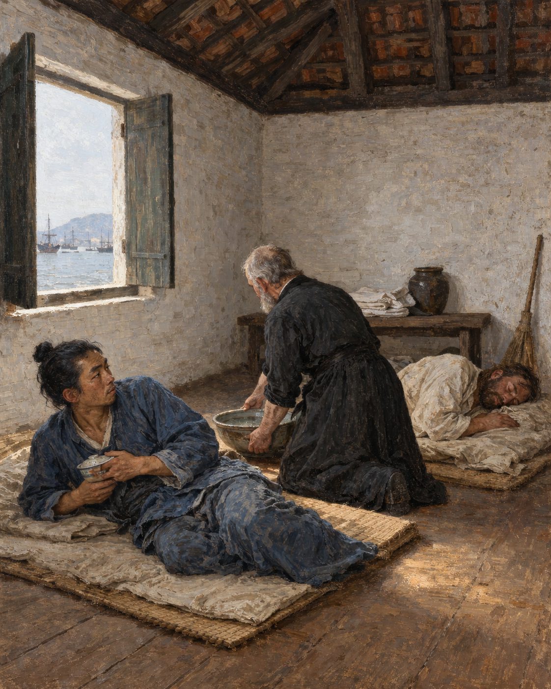 Pintura evocando o hospital que D. Belchior Carneiro abriu em Macau em 1569, onde, escreveu ele ao Padre Geral jesuíta, «se admitem tanto cristãos como pagãos». No frontão do edifício da Santa Casa de Macau, hoje, lê-se em português «Santa Casa da Misericórdia», e ao lado os caracteres chineses 仁慈堂.