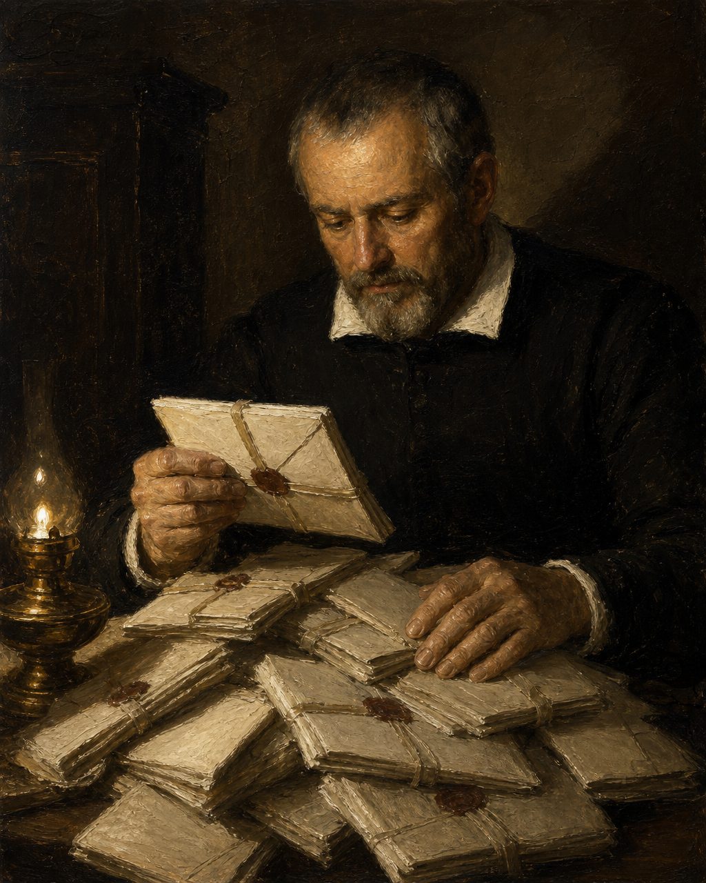 Pintura evocando o oficial da Misericórdia de Lisboa e as cartas chegadas da Índia. Em 1618 o compromisso da casa criou dois mordomos só para tratar delas.
