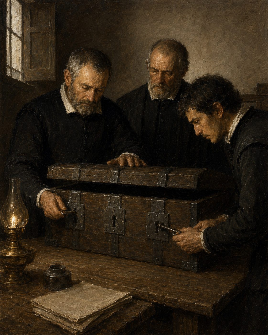 Evocação pintada de um cofre de três chaves, guardadas pelo provedor, pelo escrivão e pelo tesoureiro. Uma carta régia de 12 de fevereiro de 1615 mandou que todas as casas tivessem um, à maneira de Goa. Objeto genérico do período.