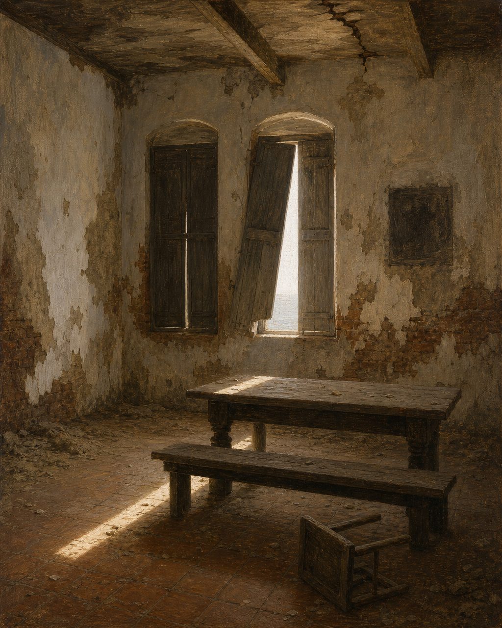 Pintura evocando a casa da Misericórdia de Diu, que em 1765 estava «em precipitada ruína». Os que ela servia tinham-se extinguido com a última família europeia da praça.