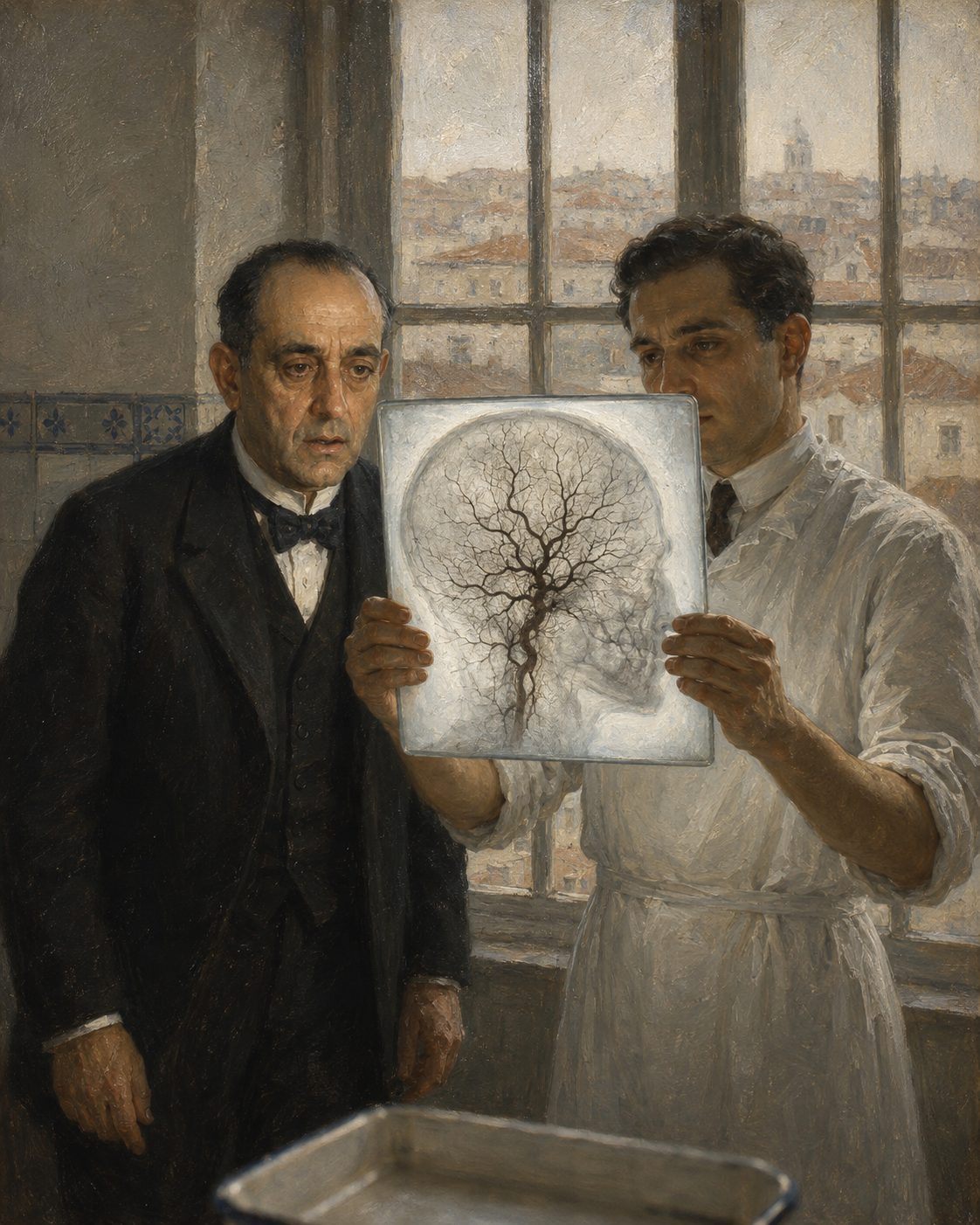 Evocação pintada da leitura de uma arteriografia cerebral, em Lisboa, em 1927: uma chapa de vidro erguida contra a luz da janela, com a árvore das artérias desenhada dentro de uma cabeça. Figuras genéricas; a pintura evoca o método e não reproduz nenhuma chapa em concreto.