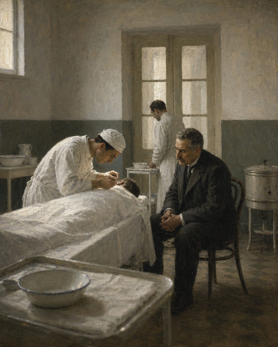Evocação pintada de uma sala de operações de um hospital de Lisboa nos anos vinte, durante uma punção da carótida. Quem opera é o cirurgião; o médico mais velho assiste sentado, sem tocar em nada. Figuras genéricas, não retratos.