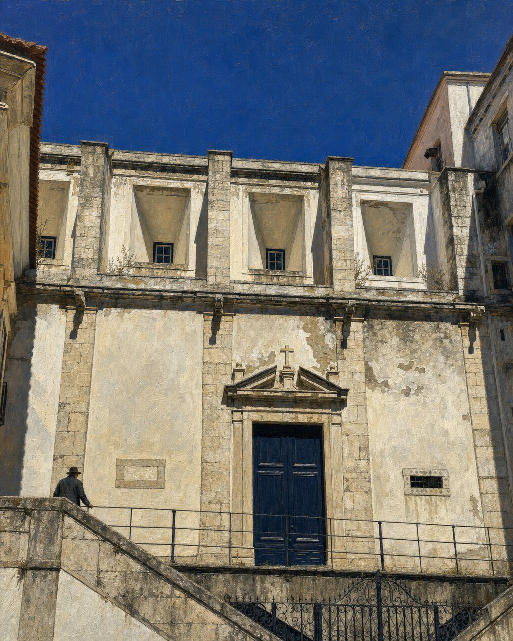 Pintura da igreja do antigo Convento de Santa Marta, em Lisboa, hoje parte do hospital onde Egas Moniz tinha o seu serviço. A partir de uma fotografia real de DiogoBaptista (CC BY-SA 4.0).