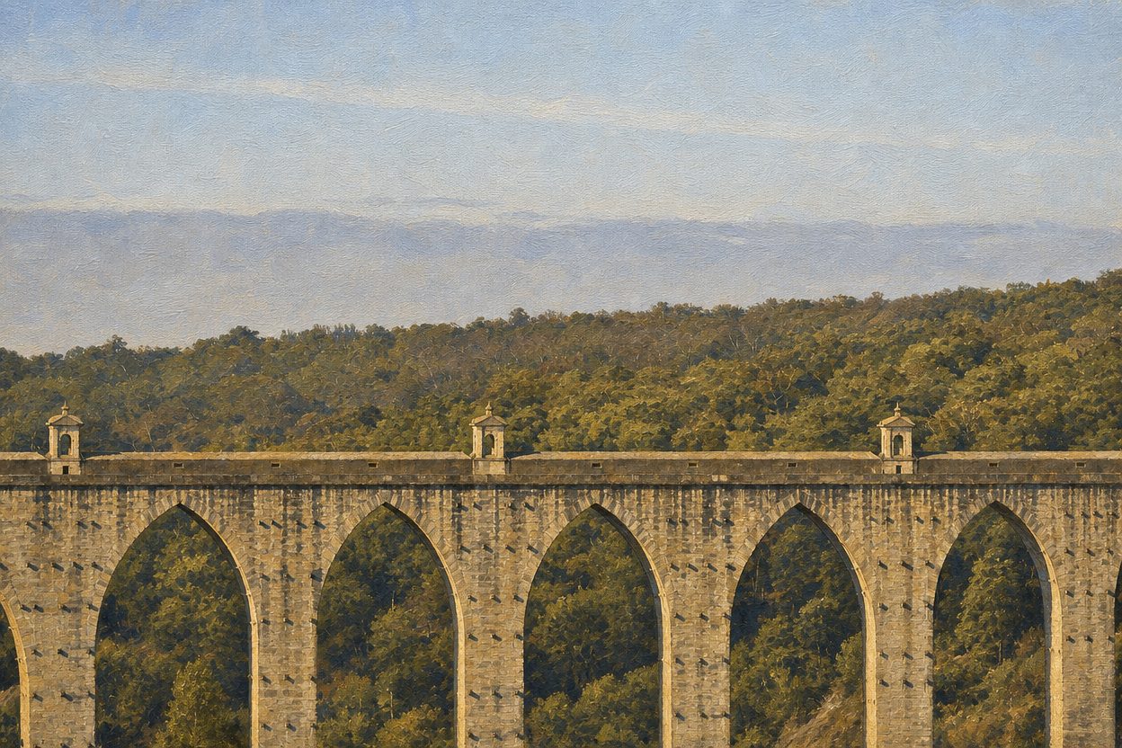 O Aqueduto das Águas Livres cruza o Vale de Alcântara em trinta e cinco arcos. Foi a face mais visível, mais cara e mais criticada da obra que trouxe água a Lisboa no século XVIII. Pintura a partir de uma fotografia real do monumento — foto de referência de Vítor Oliveira (CC BY-SA 2.0, via Wikimedia Commons, creativecommons.org/licenses/by-sa/2.0/). Pintura derivada partilhada sob CC BY-SA 2.0.