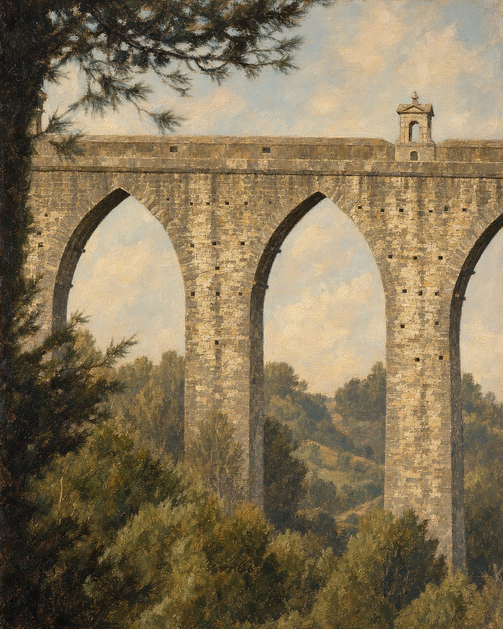 O maior dos arcos ergue-se a sessenta e cinco metros do fundo do vale: o maior arco de pedra em ogiva do mundo, vencido num só andar de arcos, onde os aquedutos da Antiguidade empilhavam dois e três. Pintura a partir de uma fotografia real do monumento — foto de referência de Vítor Oliveira (CC BY-SA 2.0, via Wikimedia Commons, creativecommons.org/licenses/by-sa/2.0/). Pintura derivada partilhada sob CC BY-SA 2.0.