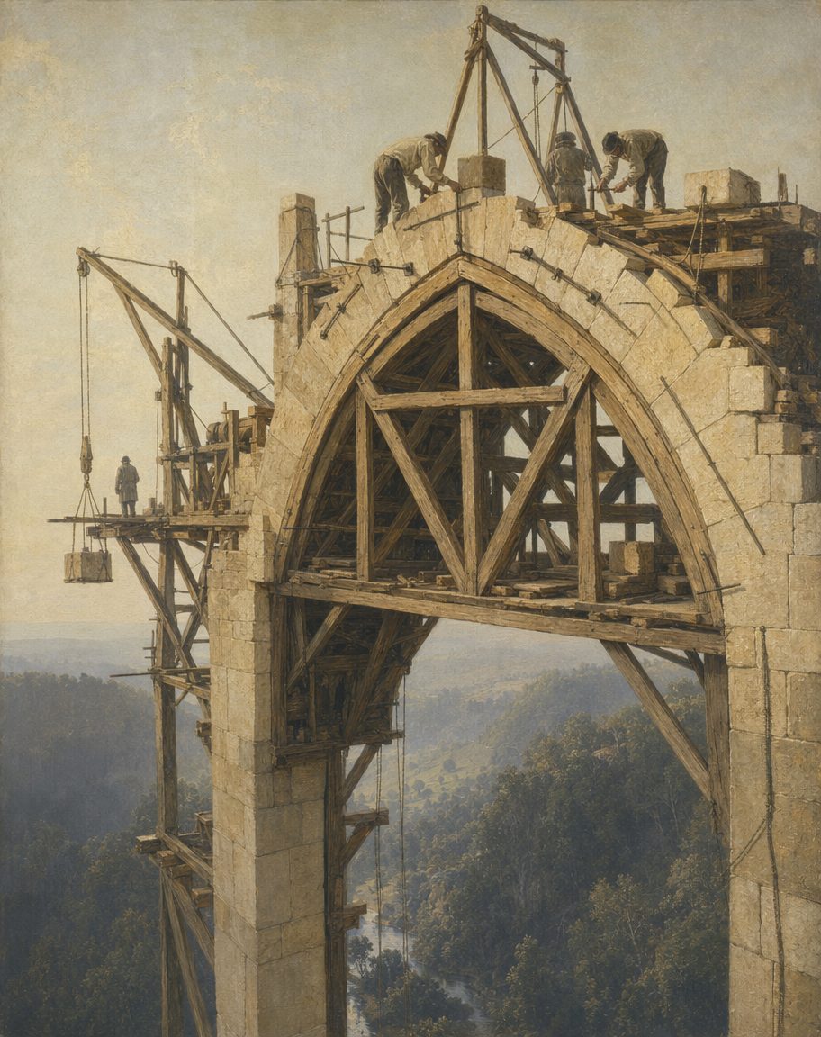 A arcada em construção: o arco em ogiva erguido sobre um cimbre de madeira e travado com o ferro que haveria de segurar a obra. O engenheiro militar Custódio Vieira ressuscitou o arco quebrado, banido da arquitetura erudita desde o Renascimento, para vencer a altura sem multiplicar andares. Ilustração.