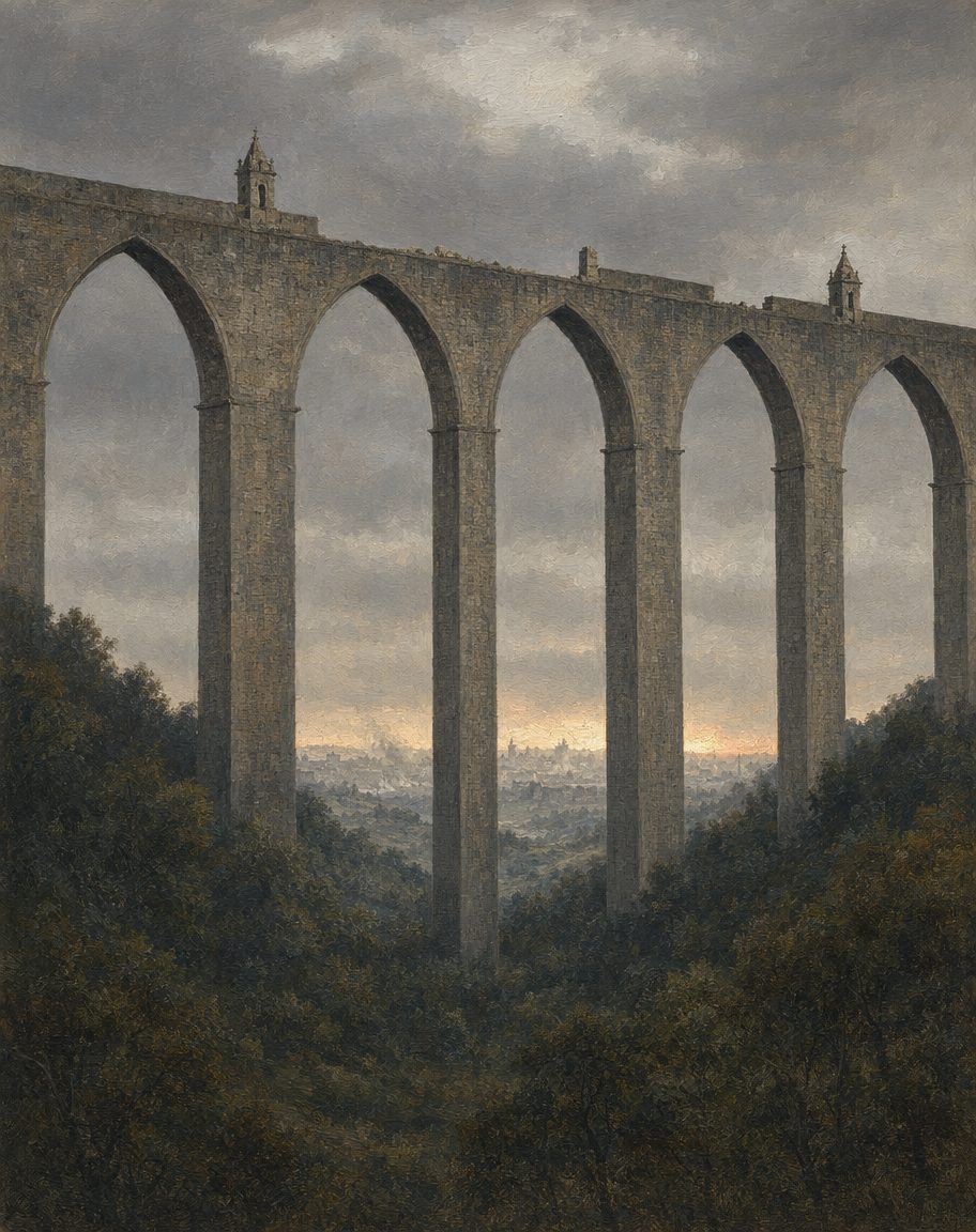 A 1 de novembro de 1755, o terramoto deitou Lisboa abaixo. A arcada de Alcântara ficou de pé: não incólume — caíram três dos torreões que coroam os arcos —, mas de pé, e ainda por cima assente sobre uma falha sísmica. Ilustração.