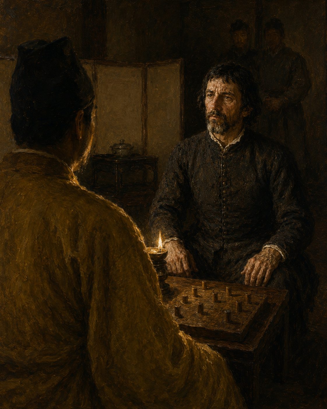 Evocação pintada do encontro em Nanquim, em 1520, onde Tomé Pires falou cara a cara com o imperador Zhengde, coisa que as embaixadas tributárias em regra não conseguiam. Cristóvão Vieira, que ia na comitiva, menciona que Pires jogou xadrez com o imperador. Figuras e tabuleiro evocados, não retratos.