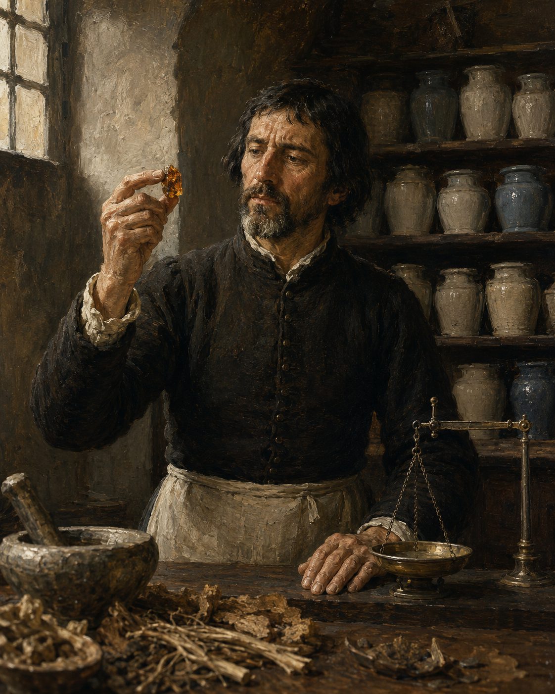 Evocação pintada de Tomé Pires, boticário, morador na Madalena, mandado à Índia em 1511 por D. Manuel como «feitor e vedor das drogarias». O ofício era saber o que valia cada raiz e cada resina. Figura evocada, não retrato.