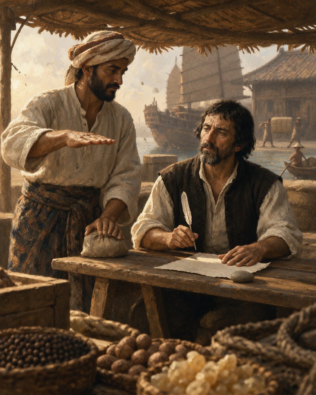 Pintura evocando o cais de Malaca, onde Pires viveu dois anos e meio. Cortesão sublinha que boa parte do que a «Suma Oriental» descreve lhe foi contada ali pelos capitães, pilotos e mercadores de várias nações que paravam no porto. Figuras evocadas, não retratos.
