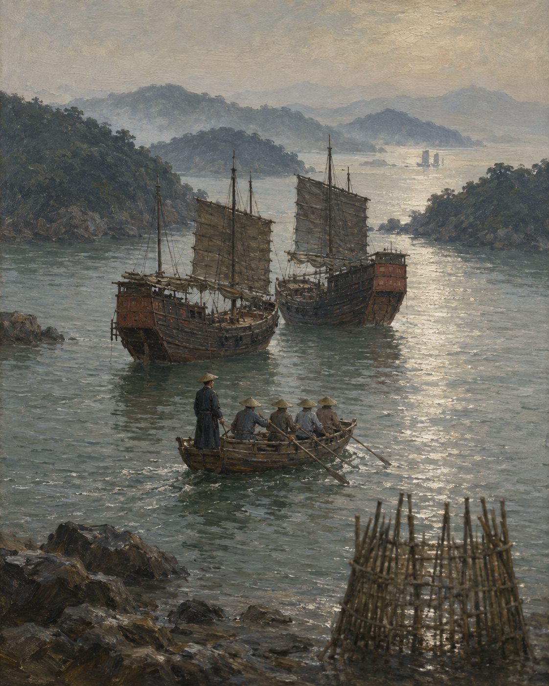 Pintura evocando as ilhas ao largo de Cantão onde os juncos fundeavam e de onde seguia o aviso para a cidade, e os homens que vinham avaliar a mercadoria e cobrar os direitos. Pires descreveu este sistema por volta de 1515, em Malaca, sem nunca ter estado na China. As ilhas ficam hoje na região de Hong Kong.
