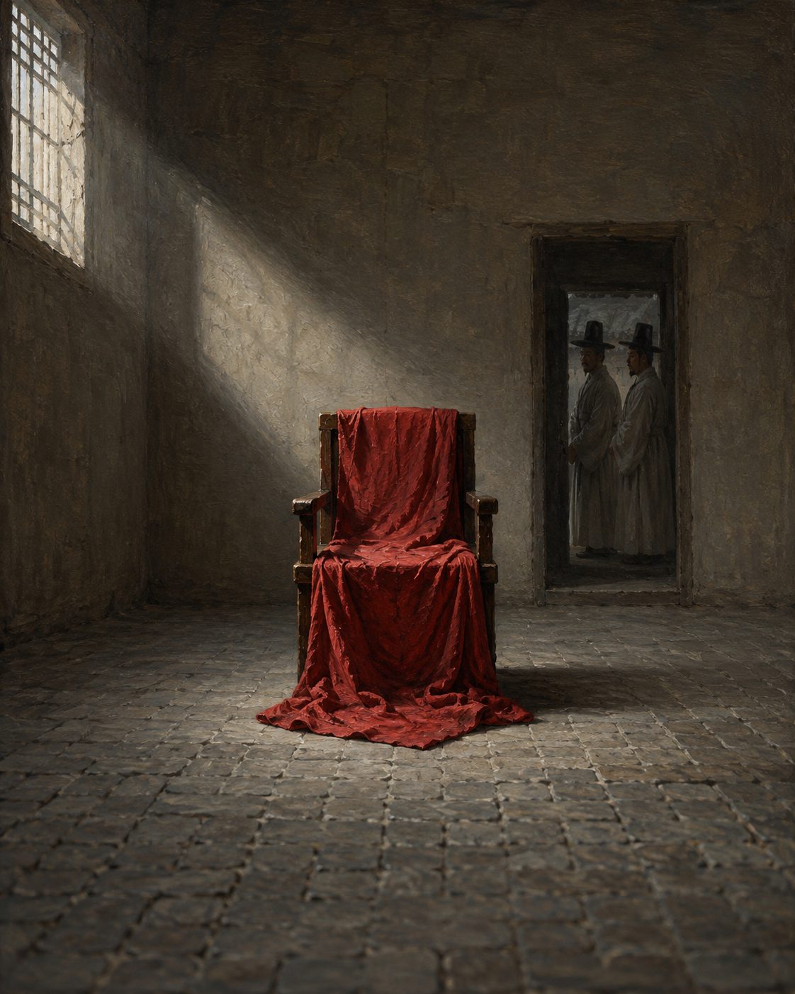 Pintura evocando o quarto do albergue dos estrangeiros em Pequim, em janeiro de 1521, tal como uma embaixada coreana o registou: ao meio, uma única cadeira, coberta com um pano vermelho, e diziam-lhes que era ali que o imperador se dignara sentar-se.