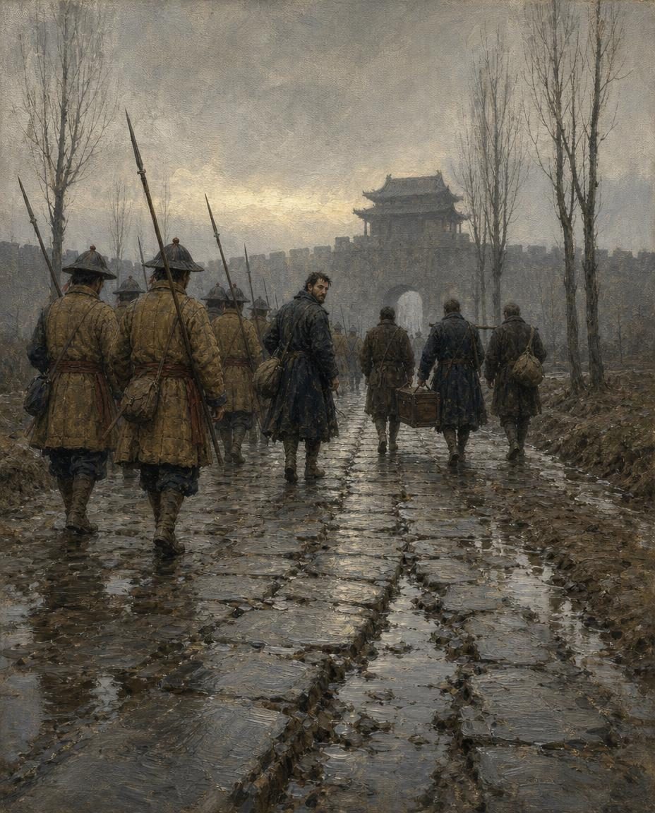 Pintura evocando a escolta que levou os portugueses de volta a Guangdong. O testamento imperial, escrito pelo grão-secretário Yang Tinghe, mandou embora na mesma passagem as embaixadas de Hami, de Turfan e de Portugal. Figuras genéricas do período, não retratos.