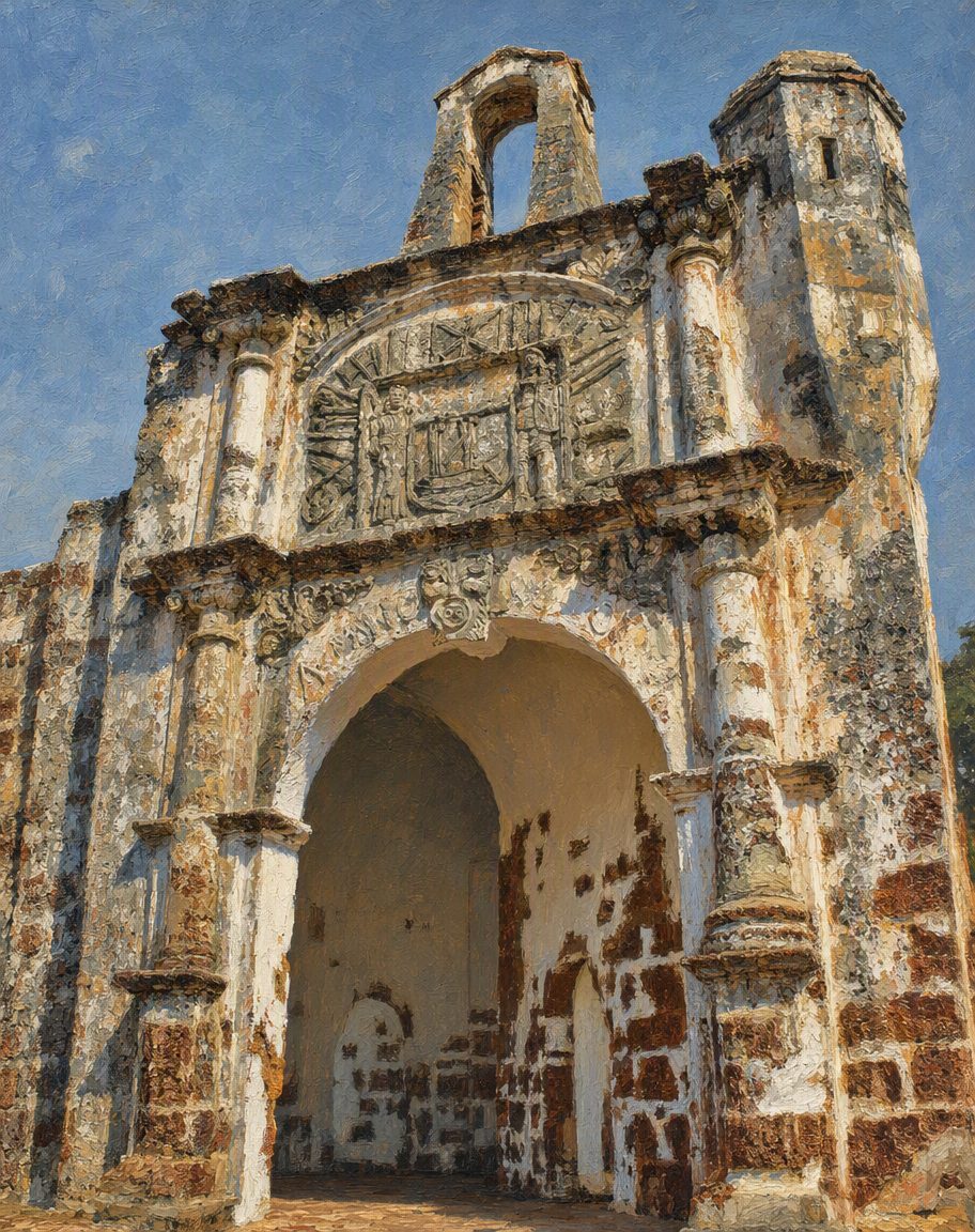 Porta de Santiago, em Malaca: o que resta da fortaleza que os portugueses levantaram depois de Afonso de Albuquerque tomar a cidade, em 1511. Foi nesta cidade que Tomé Pires escreveu a maior parte da «Suma Oriental». A pedra armoriada sobre o arco é neerlandesa, do tempo em que a praça já tinha mudado de mãos. Pintura a partir de uma fotografia real de Wahyu Aditya T. (CC BY-SA 4.0).