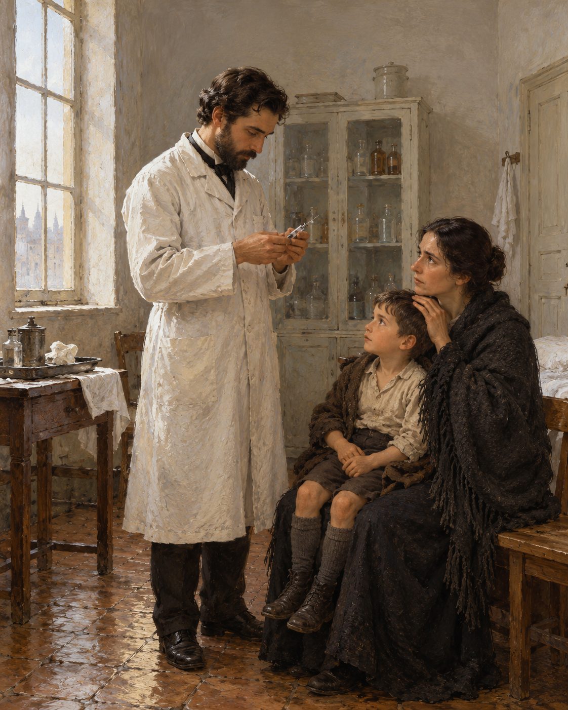 Evocação pintada de uma consulta da vacina contra a raiva numa das salas do Instituto, no Hospital de São José, em 1893 (figuras genéricas).
