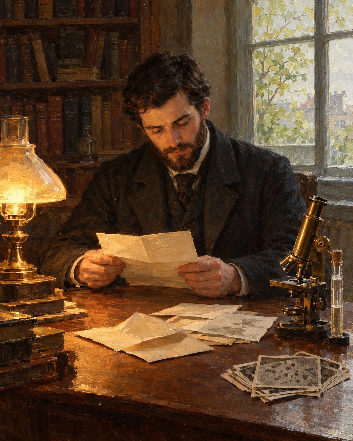 Evocação pintada de Pestana a ler as respostas que recebeu em 1894 (figura genérica).