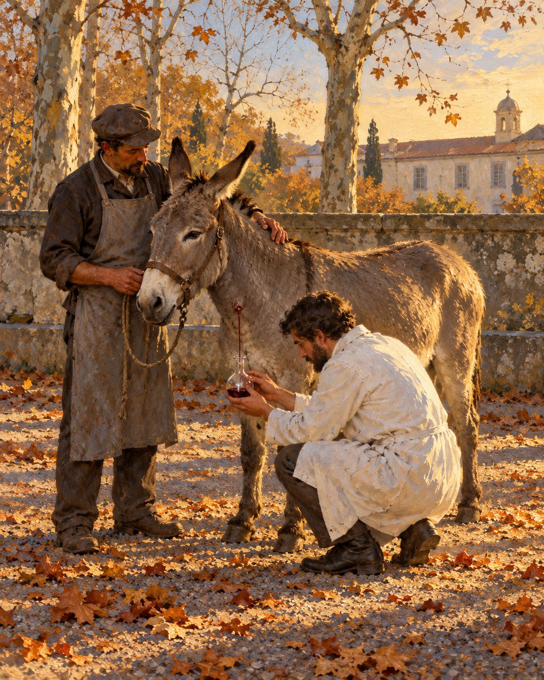 Evocação pintada da colheita de sangue a um burro do Instituto, em 1894 (figuras genéricas).