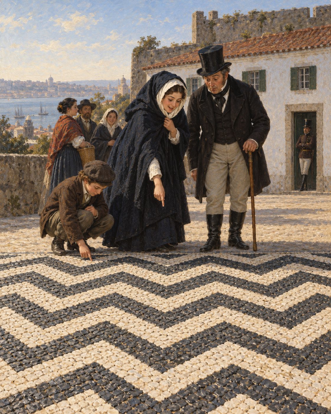 Pintura de lisboetas na parada do quartel do Castelo de São Jorge, a olhar para a calçada de pedras brancas e pretas em ziguezague, no início dos anos quarenta do século XIX. Miguel Paes contou em 1883 que a obra «fez sensação» e que se foi em romaria ao castelo para a ver. Figuras genéricas, não retratos.